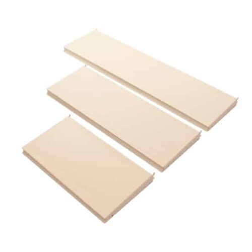 Gondola-Shelves-Almond.jpg The Vulcan SP SHELF 24 X 12 ALMOND features three diagonally arranged cream-colored foam boards on a white backdrop, each with a smooth surface and slightly rounded edges, up to 24 x 12 inches.