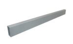 A long, rectangular, gray metal channel with an open side is set diagonally against a white background.