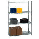 The Jaken Chrome Wire Shelving 24x72x74 holds plastic bins, a large black roll, a gray container, and two cardboard boxes on four evenly spaced shelves, neatly organized for accessible storage.