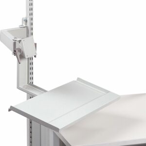 A light gray, adjustable book holder attached to a slotted metal arm on the side of a desk or shelf. The holder has angled, flat surfaces designed to support a book or document for easy reading.