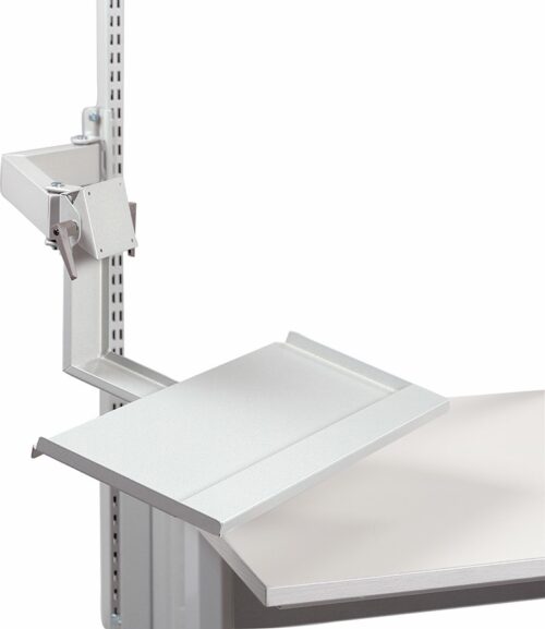 A light gray, adjustable book holder attached to a slotted metal arm on the side of a desk or shelf. The holder has angled, flat surfaces designed to support a book or document for easy reading.