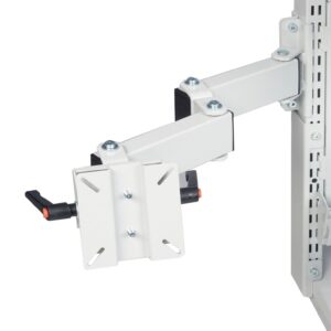 Close-up of a white adjustable metal monitor arm mounted to a vertical rail. The arm features multiple swivel joints and a square plate at the end for attaching a monitor, with a small black lever for adjustments.