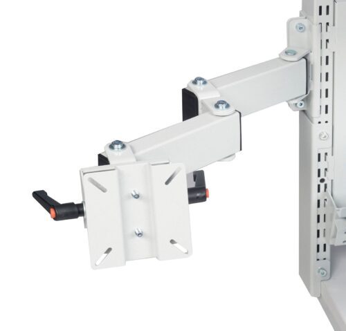 Close-up of a white adjustable metal monitor arm mounted to a vertical rail. The arm features multiple swivel joints and a square plate at the end for attaching a monitor, with a small black lever for adjustments.