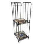 The Vulcan SP MAGAZINE RACK KNOCKDOWN, a sleek black metal design, features two shelves for newspapers and magazines. Its simple, open-frame style ensures easy access and organization.
