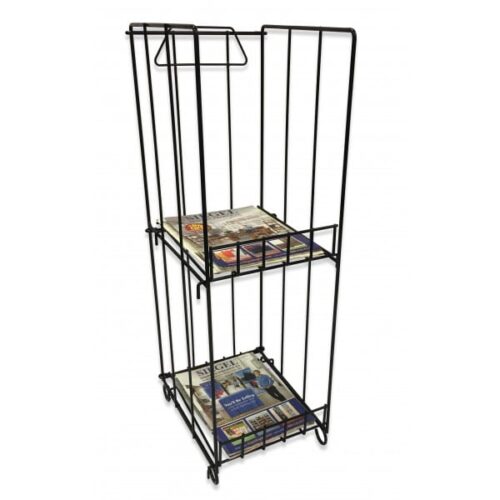 The Vulcan SP MAGAZINE RACK KNOCKDOWN, a sleek black metal design, features two shelves for newspapers and magazines. Its simple, open-frame style ensures easy access and organization.
