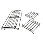 Displayed are three metal black racks. The larger one, a Vulcan SP model, is shown horizontally with wheels. The two knockdown versions stand upright on the right, each with four legs and a sleek grid design, ideal for stylishly organizing magazines.