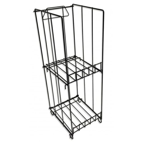 The Vulcan SP MAGAZINE RACK KNOCKDOWN is a tall, black metal wire display rack with an open design, featuring vertical and horizontal bars and two shelves. Its knockdown style allows for easy transport and assembly, shown here against a plain white background.