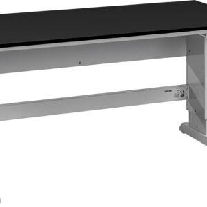 This ergonomic office desk boasts a black tabletop and white metal frame, perfectly suited for both office and lab design. Its minimalist style includes a hand crank on the right for smooth manual height adjustments.