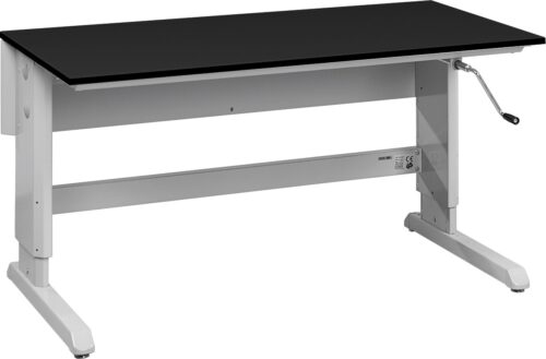 This ergonomic office desk boasts a black tabletop and white metal frame, perfectly suited for both office and lab design. Its minimalist style includes a hand crank on the right for smooth manual height adjustments.
