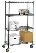 A metal wire shelving unit with four levels, holding various items including paint cans, a cleaning bottle, and cardboard boxes. It has four wheels for mobility and is set against a white background.