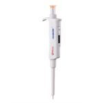 Introducing the ProMicro, a white digital micropipette with an adjustable range and orange plunger. It boasts a curved handle and narrow tip for precise fluid measurement, making it ideal for labs focusing on pipette calibration.
