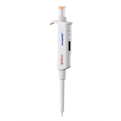Introducing the ProMicro, a white digital micropipette with an adjustable range and orange plunger. It boasts a curved handle and narrow tip for precise fluid measurement, making it ideal for labs focusing on pipette calibration.