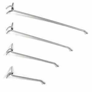 Four Vulcan SP HOOK 4 MEDIUM W/BALL metal hooks, part of a 10-pack, are displayed diagonally on a white background. Each hook has a straight rod with a curved end and top clip for hanging.