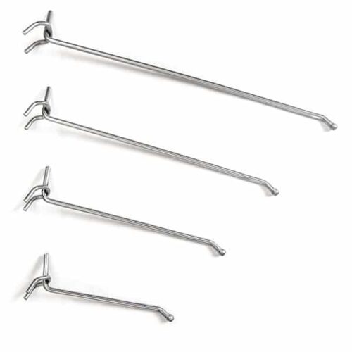 Four Vulcan SP HOOK 4 MEDIUM W/BALL metal hooks, part of a 10-pack, are displayed diagonally on a white background. Each hook has a straight rod with a curved end and top clip for hanging.