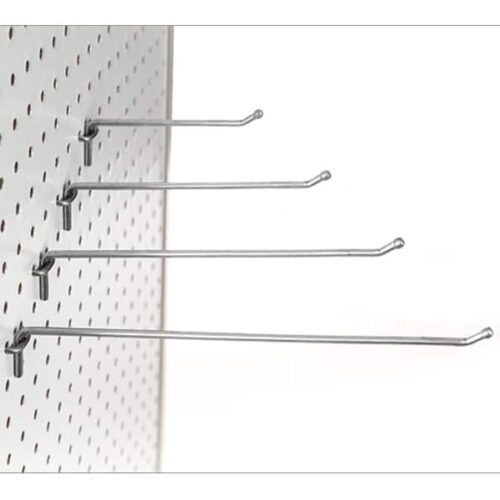 The Vulcan SP HOOK 4 MEDIUM W/BALL 10PK metal hooks are attached to a white pegboard with evenly spaced holes. Arranged in a staggered pattern, the hooks extend outward horizontally at various heights against a plain, light background.