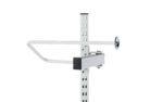 Close-up of a white store display hook attached to a vertical metal rail with slots. The arm extends horizontally with a rounded end, designed to hold products or signage. The backdrop is plain white.