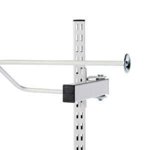 Close-up of a white store display hook attached to a vertical metal rail with slots. The arm extends horizontally with a rounded end, designed to hold products or signage. The backdrop is plain white.