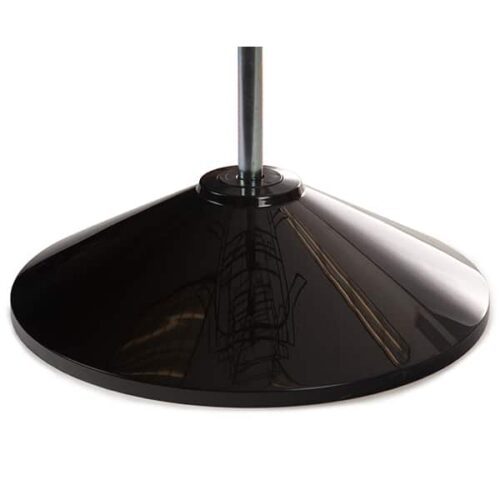 Close-up of a Vulcan CIRC 12 3/4 POCK 3 ROTATORS black, conical lampshade with a chrome pole centered. Its shiny surface reflects light, creating angular highlights. The sleek, modern design stands out against a plain white background.