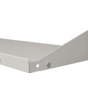 Close-up of a metal shelf bracket attached to a vertical support beam, embodying ergonomics in lab design. The bracket is secured with screws and features a modern, minimalist design. The shelf appears sturdy, suitable for storage or display.