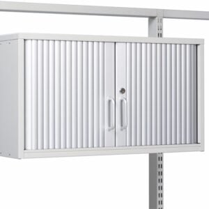 White metal storage cabinet with ribbed sliding doors, handles, and a lock. Mounted on a support frame.