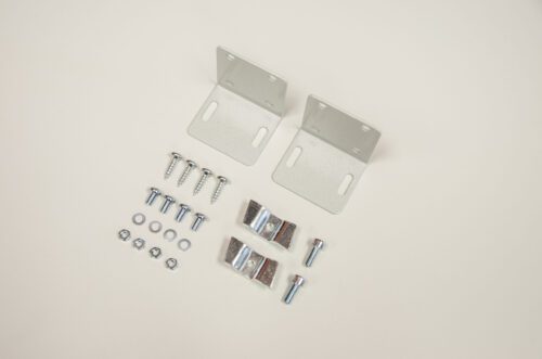 Two silver metal brackets with screw holes, eight screws, eight nuts, four washers, two metal clips, and two bolts are arranged on a plain white surface.