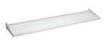 A plain, rectangular white metal shelf with a slight upward edge on either end, designed for wall mounting or storage use. The background is plain white.