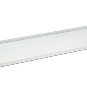 A plain, rectangular white metal shelf with a slight upward edge on either end, designed for wall mounting or storage use. The background is plain white.