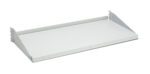 A white, rectangular metal shelf with raised edges on the back and sides, designed for mounting. It features a simple, minimalist design and is set against a white background.