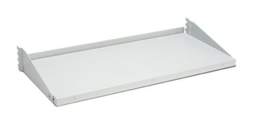 A plain, light gray metal shelf with a flat surface and raised edges on three sides, this piece exemplifies high-quality laboratory furniture. Perfect for analytical testing environments, it features vertical slots on the sides for easy mounting.