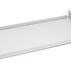 A gray metal shelf with a flat surface and angled sides, designed for mounting. The shelf has pre-drilled holes for installation and a minimalist, functional design suitable for storage or organizational purposes.