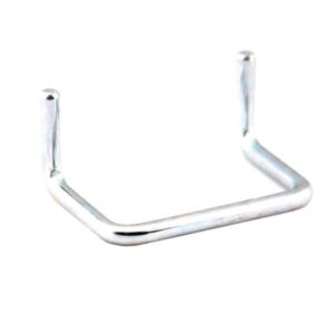 The Vulcan U-HOOK DISPLAY ACCESSORY has a shiny silver metal bracket with two vertical posts and a horizontal bar in a sleek U-shape, ideal for showcasing items. Sold as 25 per bag, they look elegant against any plain white backdrop.