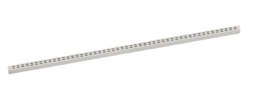 A long, thin, rectangular white vent cover with a series of evenly spaced square holes running down its length, positioned diagonally across a plain white background.