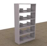 The Aurora Quik-Lok Shelving Starter Unit, a 64 tall gray bookcase with five openings, stands on a brown woven-patterned floor. Its 12 letter-size shelves have adjustable dividers, offering a simple and modern design.