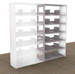 A 76 tall Aurora Quik-Lok Shelving Add-On Unit with 6 openings and a white and gray design stands angled on a brown carpet, showcasing its sleekness in a classroom setting.