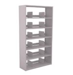 A tall, white, multi-tier bookshelf with six shelves, each divided into three sections by vertical partitions. The simple design is free from any visible contents or decorations.