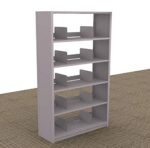 A tall, 64 Aurora Quik-Lok Shelving Starter Unit with five openings and 15 legal size stands on a patterned carpet. Featuring two vertical dividers per shelf, its simple and functional design aids in item organization.