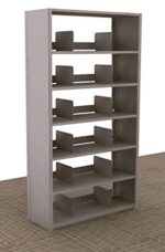 The Aurora Quik-Lok Shelving Starter Unit stands 76 tall with legal-size 15 shelves in gray metal, featuring six openings with adjustable dividers. It rests on a carpeted floor against a plain background.