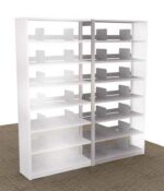 The Aurora Quik-Lok Shelving Add-On Unit is 76 tall, in pristine white, boasts dual-sided design with 12 letter size capacity across seven adjustable shelves and dividers for modern storage on a brown carpeted floor.