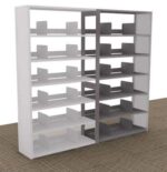The Aurora Quik-Lok Shelving Add-On Unit features a seven-tier design with six openings and stands 76 tall with 15 legal size dividers. In grey, it sits on a beige carpet, offering solid right side visibility and transparency on the left.