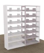 A white, 76 tall double-sided bookshelf with multiple shelves and dividers is set on a brown carpet, complementing the Aurora Quik-Lok Shelving Add-On Unit with 7 openings in legal size.