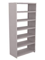 The Aurora Quik-Lok Shelving starter unit, 76 tall and 18 deep, features six adjustable openings and is made of heavy-duty steel with a 350 lbs capacity, perfect for books or displays.