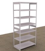 The Aurora Quik-Lok Shelving Unit, 76 tall with 6 openings and a 24 depth, featuring an open-back design, stands on patterned carpet. Perfect for organizing books or display items.