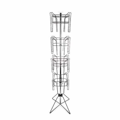 Introducing the Vulcan WIRE 16 3/4 POCK 4 ROTATORS display! This elegant black rack with a stable tripod base features multiple wire pockets, making it ideal for showcasing your materials in any organized setup with its sleek vertical design.