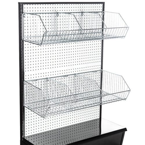 The Vulcan Wire Basket Display Rack includes a sleek black pegboard stand with two shelves for organizing merchandise in 12 x 24 metal wire baskets (Vulcan WIRE BASKET 12 X 24 OEB, 8 per carton), featuring a solid black panel base for stability and style in any retail setting.