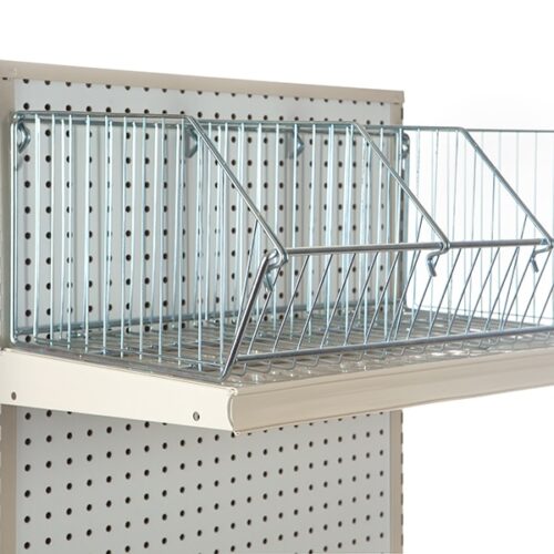 The Vulcan WIRE BASKET 12 X 24 OEB (8 per carton) is mounted on a perforated board display unit. These baskets, divided into compartments, are ideal for organizing and shelving items in retail or storage settings.