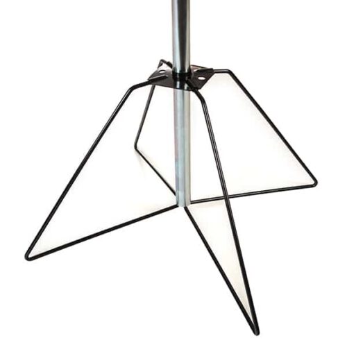 A close-up of a Vulcan WIRE 12 3/4 tripod stand reveals its metal frame, featuring a central pole and three triangular wireframe legs called POCK 3 rotators for stability, showcasing a simple and utilitarian design.