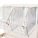 The Vulcan WIRE 12 OEB DIVIDE basket, accommodating pegboard displays, includes an inclined wire divider for two sections and evenly spaced holes. Ideal for retail or storage, each carton offers 10 versatile baskets.