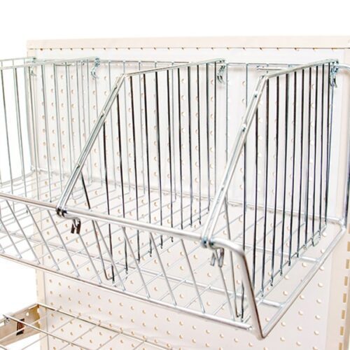 The Vulcan WIRE 12 OEB DIVIDE basket, accommodating pegboard displays, includes an inclined wire divider for two sections and evenly spaced holes. Ideal for retail or storage, each carton offers 10 versatile baskets.