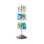 The Vulcan CIRC 12 3/4 POCK stand features three rotators and a circular base with wire racks for colorful booklets and pamphlets, offering an organized display of printed materials.