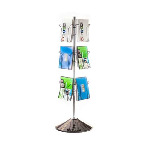 The Vulcan CIRC 12 3/4 POCK stand features three rotators and a circular base with wire racks for colorful booklets and pamphlets, offering an organized display of printed materials.